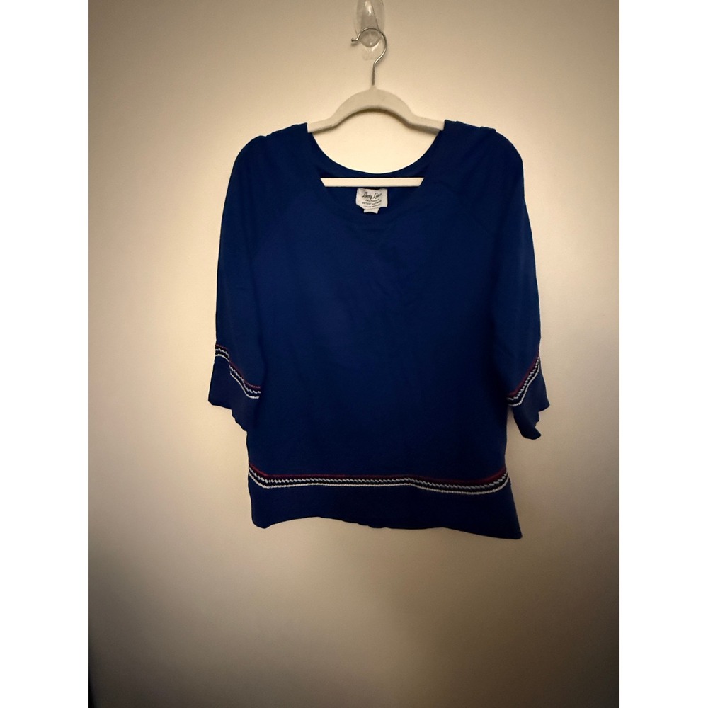 Lucky Brand Lucky Lotus Navy Blue 3/4 Sleeve Braided Trim Scoop Neck Top Large